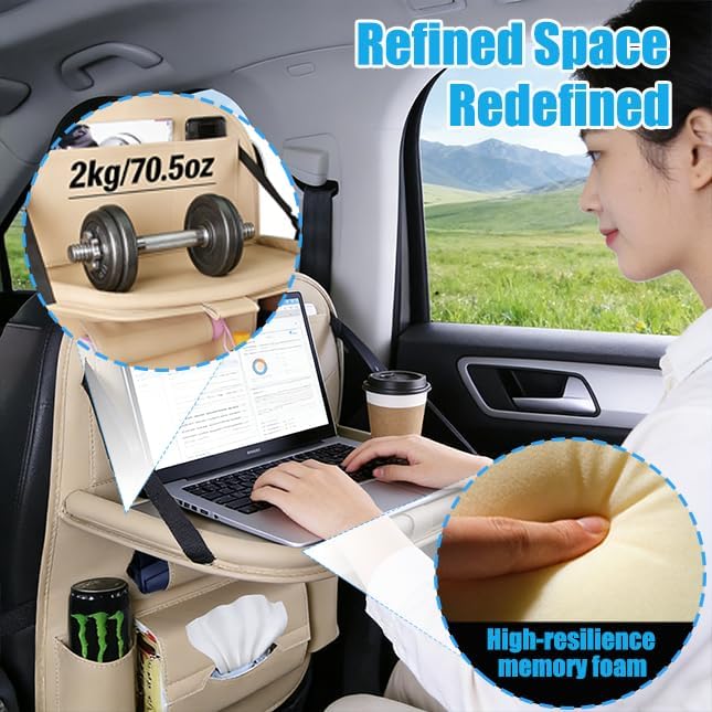 YiYang Car Back Seat Organizer with Foldable Tray, Multi-Pocket Storage, Tablet Holder, Cup Holders (2, Beige)
