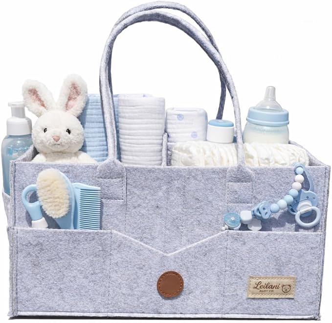 Baby Diaper Caddy Organizer, Portable Felt Nursery Storage Basket with Handles and Removable Dividers, Gray
