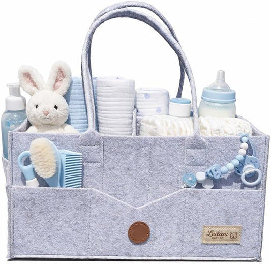 Baby Diaper Caddy Organizer, Portable Felt Nursery Storage Basket with Handles and Removable Dividers, Gray