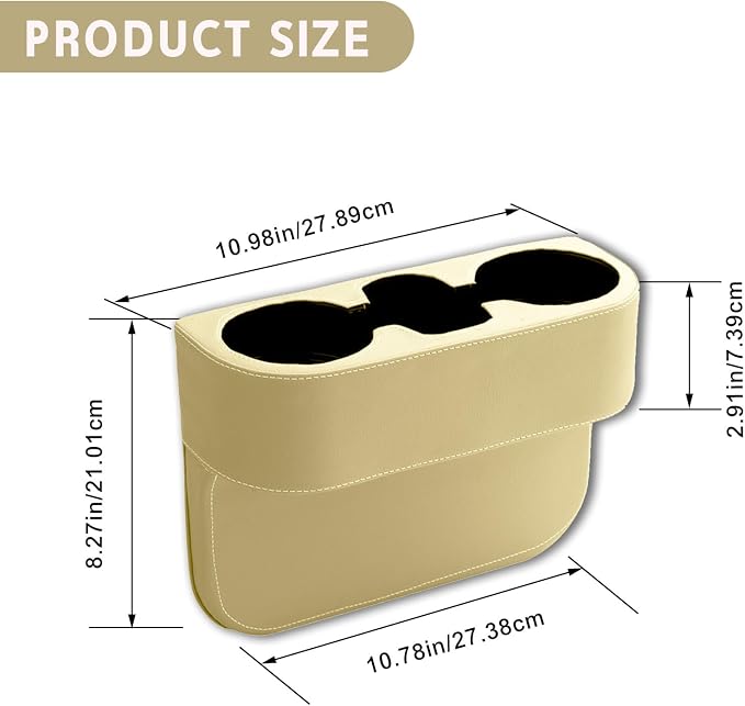 Car Cup Holder, PU Leather Auto Front Seat Organizer, Multifunctional Cup Drink Holders, Gap Filler Storage Box Coin Bucket Console Side Pocket Cell Mobile Phone Holder (Beige)