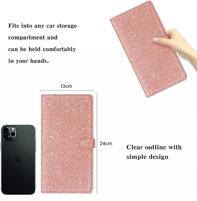 TILDOSAC 2 Ppack Leather Car Registration and Insurance Card Holder, Car Document Holder for Cards License with Magnetic Shut(Glitter Pink-Ear