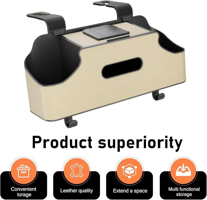 Car Back Seat Organizer, Leather Snap-on Seatback Storage Pocket, Multi-functional Storage Box for Phone Holder Tissues Cup Bracket Hanging Bag, Universal for Most Vehicles (Beige)