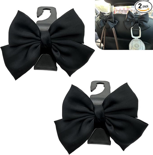 2PCS Car Seat Headrest Hooks, Car Purse Hook for Car, Cute Bow Car Rear Seat Storage Hooks, Interior Decorating Accessories for Purses, Bags, Umbrellas (Black)