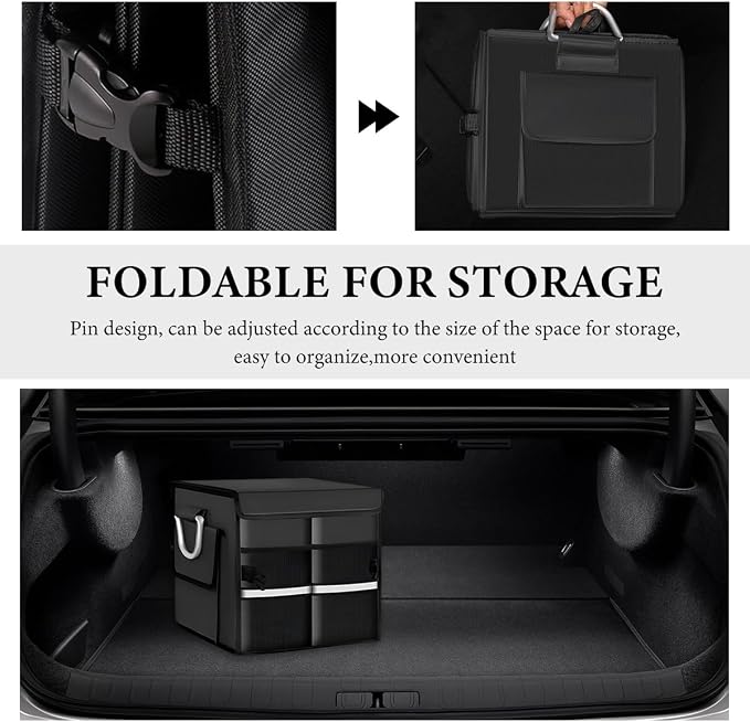 Trunk Organizer with Lid, 28L Collapsible Cargo Organizer with Aluminum Handles & Reflective Strip, Multi-Purpose Waterproof Oxford Storage Box for Cars Trucks SUVs Minivans (Black)