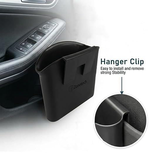 ZONETECH Portable Hanging Mini Car Garbage Can – Classic Black Trash Container - Premium Quality Automotive Universal Compact Traveling Wastebasket for Vehicle,Office,Home (2-Pack)