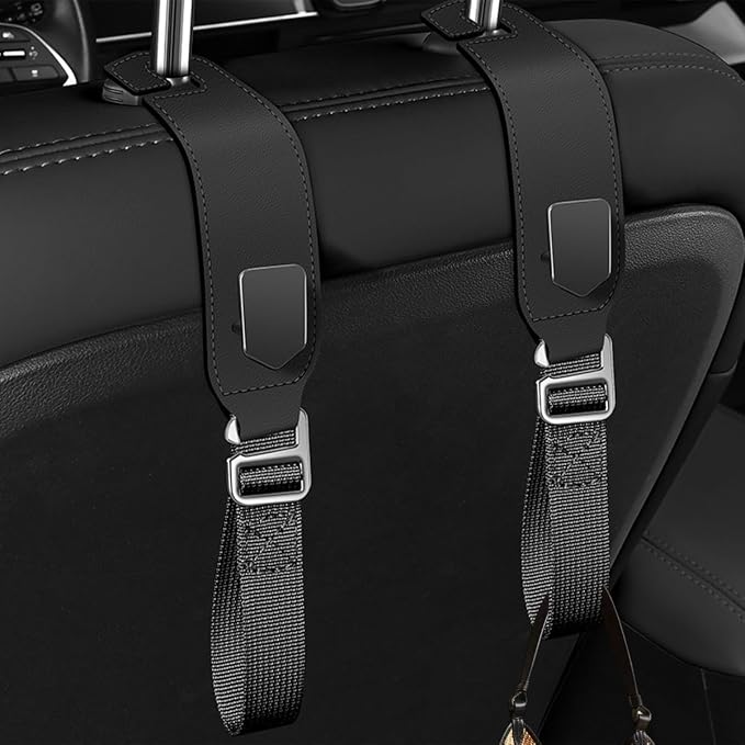 Car Seat Headrest Hooks, 2PCS Adjustable Microfibre Vehicle Seat Back Storage Hanger Holder for Handbag Purse Coat, Auto Interior Headrest Organizer Hook, Universal for SUV RV Lorry (Black)