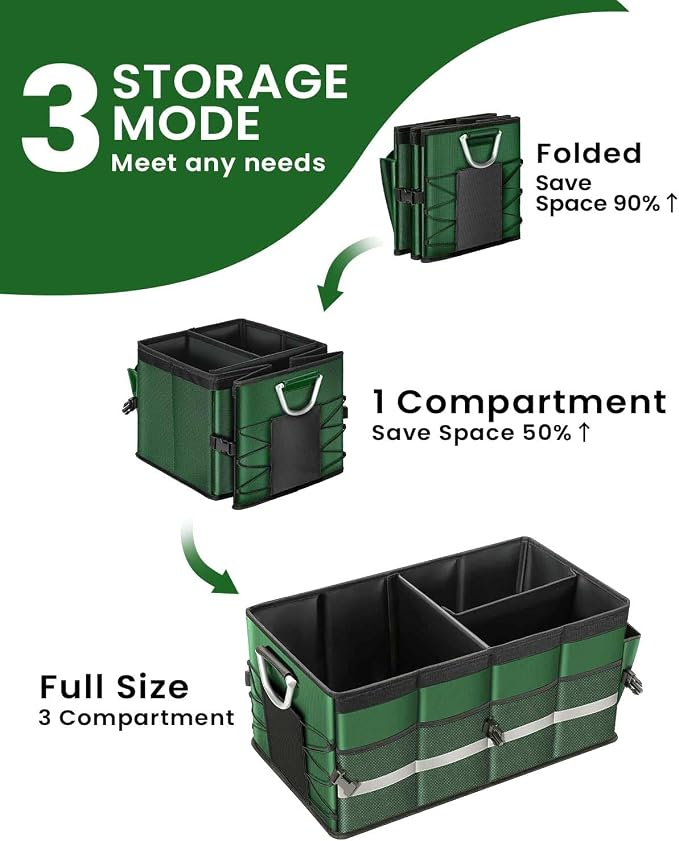 WINHUNT Car Trunk Organizer, Car Storage Organizer with Waterproof Bag Collapsible Multi Compartment Organizer for Car, Suv, Sedan, Truck, Aluminium Handle (Green, Large 66L)
