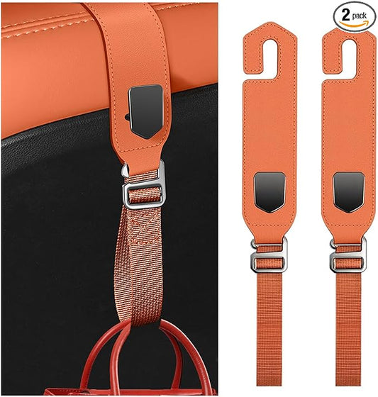 Car Seat Headrest Hooks, 2PCS Adjustable Microfibre Vehicle Seat Back Storage Hanger Holder for Handbag Purse Coat, Auto Interior Headrest Organizer Hook, Universal for SUV RV Lorry (Orange)