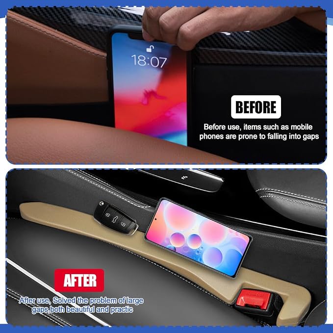 2PCS Car Seat Gap Filler, Car Blocker, PU Leather Fill The Gap Between Seat and Center Console, Universal Car Interior Accessories Flexible Seat Gap Organizer for Most Cars (Beige)