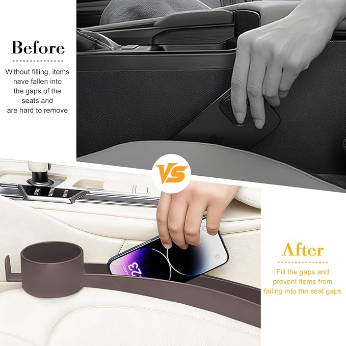 HZEL Car Seat Gap Organizer, 2PCS Dual Slot Anti-Drop Vehicle Console Side Filler Organizer with Cup Holder, Automotive Interior Seat Gap Plug Blocker, Universal for SUV Automobile Truck (Brown)