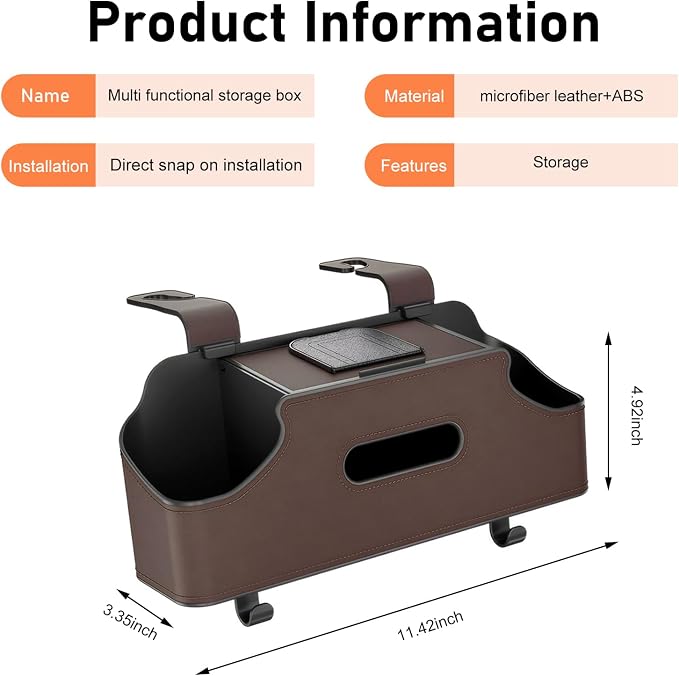 Car Back Seat Organizer, Leather Snap-on Seatback Storage Pocket, Multi-functional Storage Box for Phone Holder Tissues Cup Bracket Hanging Bag, Universal for Most Vehicles (Brown)