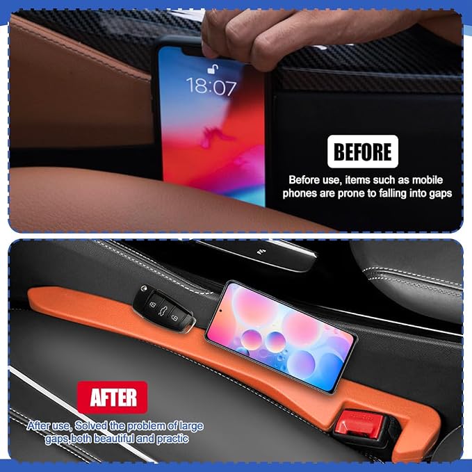 2PCS Car Seat Gap Filler, Car Blocker, PU Leather Fill The Gap Between Seat and Center Console, Universal Car Interior Accessories Flexible Seat Gap Organizer for Most Cars (Orange)