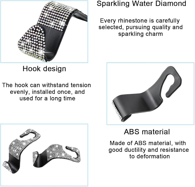 Mandark 4PCS Bling Car Seat Headrest Hooks, Crystal Rhinestone Vehicle Seat Back Hanger for Grocery Purses Handbags, Diamond Auto Seatback Storage Organizer Hanger, Universal for Most Cars (White)