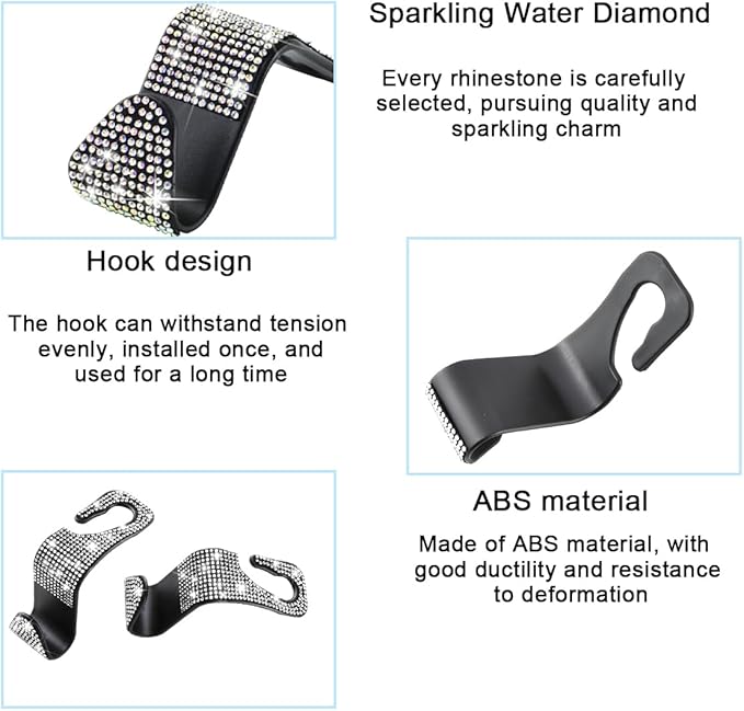 Mandark 4PCS Bling Car Seat Headrest Hooks, Crystal Rhinestone Vehicle Seat Back Hanger for Grocery Purses Handbags, Diamond Auto Seatback Storage Organizer Hook, Universal for Most Cars (Multicolor)