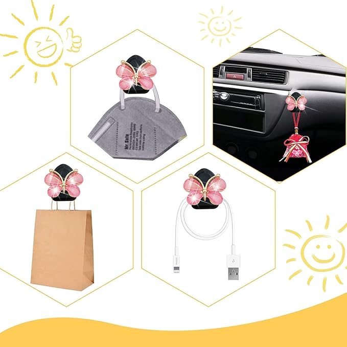 Bling Heart & Bow Diamond Heart Car Air Fresheners & Diffuser, 4 Pcs - Fun Car Vent Clips With Cute Butterfly Mask Hook
