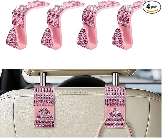 4PCS Bling Car Seat Headrest Hooks, Crystal Rhinestone Vehicle Back Seat Hanger Holder, Auto Interior Headrest Hanging Storage Organizer for Purse Handbag Coat, Universal Fit (Pink)