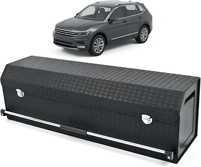 SUV Trunk Organizers, Sturdy Leather Trunk Storage Organizer with Lid & Push-pull Handle, Large Capacity Waterproof Cargo Storage Box for BMW Audi Civic Sedan (39.7 x 11.4 x 12.2in)