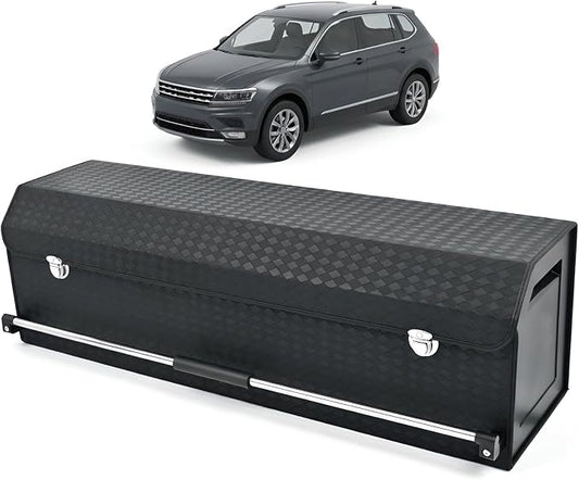 SUV Trunk Organizers, Sturdy Leather Trunk Storage Organizer with Lid & Push-pull Handle, Large Capacity Waterproof Cargo Storage Box for BMW Audi Civic Sedan (39.7 x 11.4 x 12.2in)