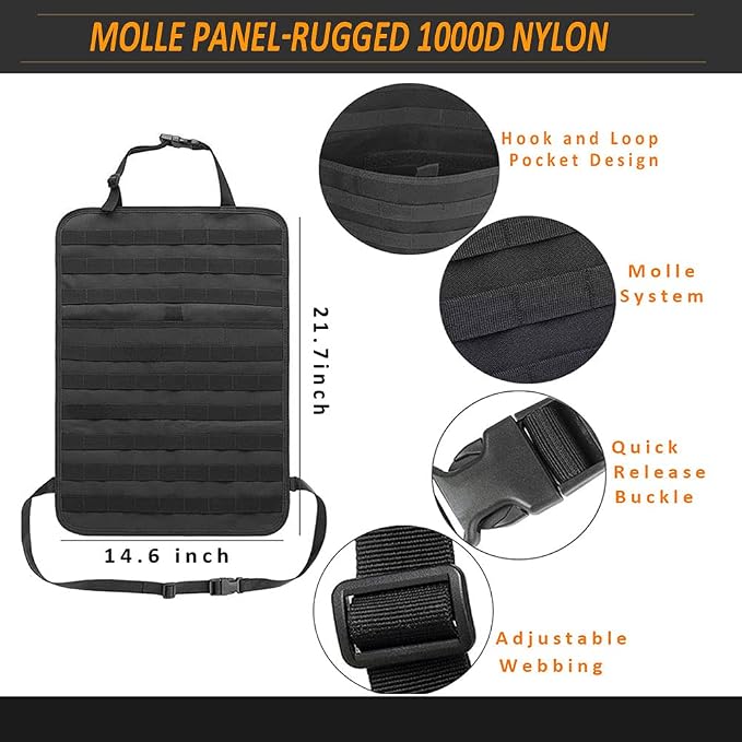 Molle Tactical Seat Back Organizer Panel with Pouches, Universal Fit For Vehicle Car, Khaki