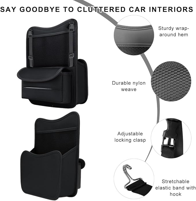 Car Organizer Storage Between Seats, Leather Car Console Hanging Storage Organizer with Mesh Pocket Tissue Box, Multi-Functional Large Capacity Headrest Holder Bag for Purse Snack (Black)