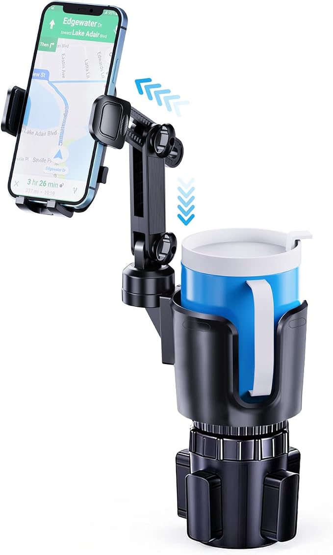 Phone Cup Holder for Car with Long Retractable Arm, 2 in 1 Universal Cup Holder Expander with Adjustable Base, 360° Rotation Phone Mount for Car & Truck - Holds All 4-7'' Smartphones