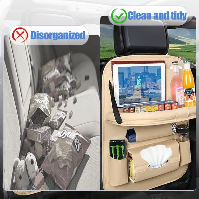 YiYang Car Back Seat Organizer with Foldable Tray, Multi-Pocket Storage, Tablet Holder, Cup Holders (2, Beige)