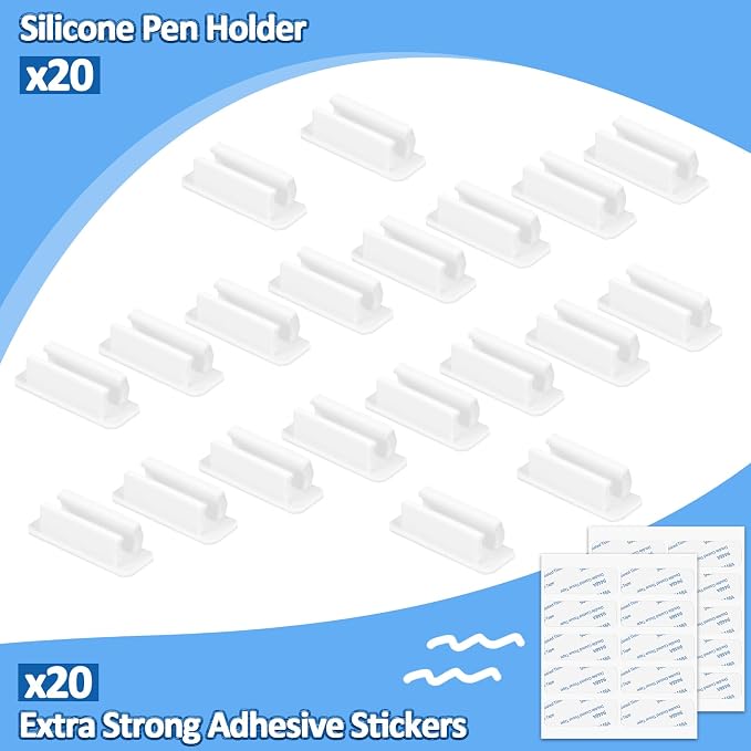 BOBOKA 20Pcs Pencil Holder for Desk, Adhesive Pen Holder for Classroom Clipboard Attachment, Silicone Pencil Holder & Marker Holder for School Office Desk Accessories, Teacher Supplies