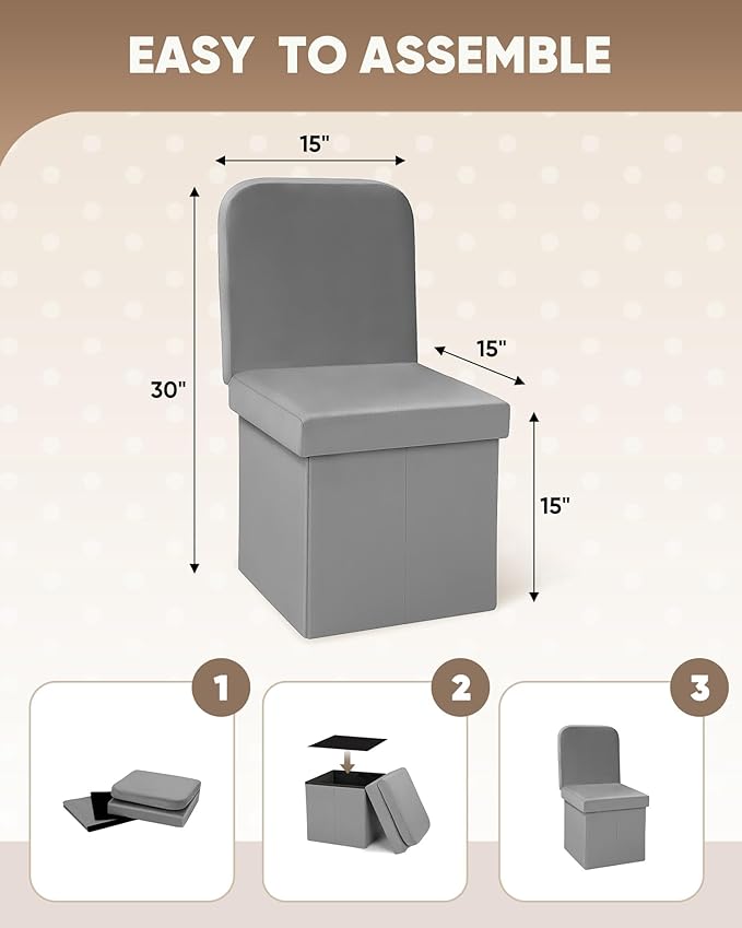 B FSOBEIIALEO Velvet Storage Ottoman with Seat Back, Folding Chair for Living Room, Room Organizer Storage Cubes, Toy Chest Storage Box (Grey, Medium)