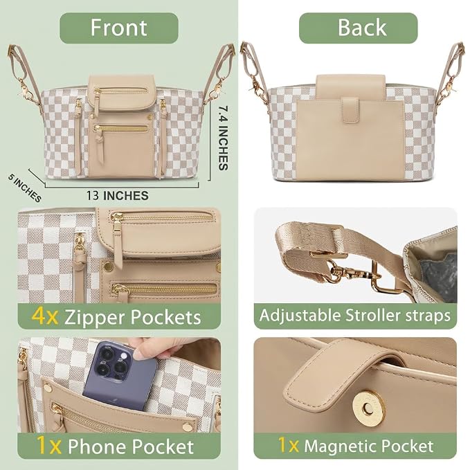 miss fong Checkered Stroller Caddy with Insulated Cup Holder Universal Stroller Organizer Bag Baby Storage Bag with Adjustable Strap, Fits for Baby Carriage like Uppababy, Baby Jogger, Umbrella
