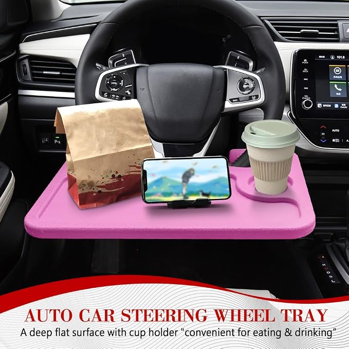 2 in 1 Car Steering Wheel Desk, Car Tray, Car Steering Wheel Desk Tray & Auto Seat Gap Filler Organizer, Multipurpose Travel Auto Steering Wheel Under Table Console for Most Vehicles (Pink)