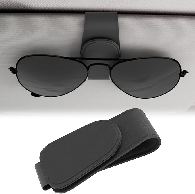 BFXM Sunglass Holder for Car, Car Accessories Interior, Leather Clip Magnetic Car Sunglass Holder, Cars Sun Visor Ticket Card Clip, Universal Truck Accessories (Black)