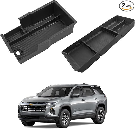 2PCS Center Console Organizer for Chevy Equinox 2026 2025 Armrest Insert Storage Tray with Non-Slip Rubber Mat Chevy Equinox Organiser Accessories-Black(Not for Equinox EV)