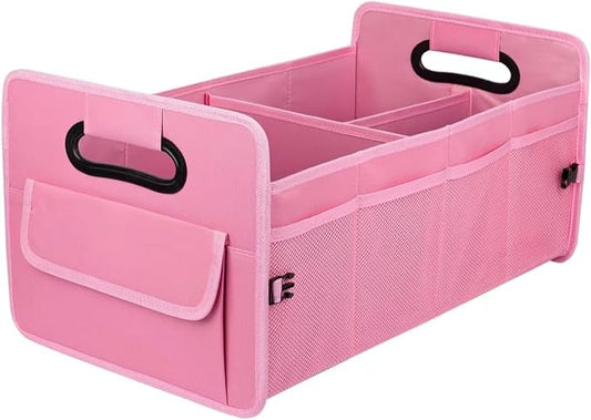 Car Trunk Organizer SUV | Foldable Waterproof Basket with Front & Side Pockets | Large Capacity Durable Oxford Cloth | Car Essentials for Women, Backseat & Truck Bed | Pink