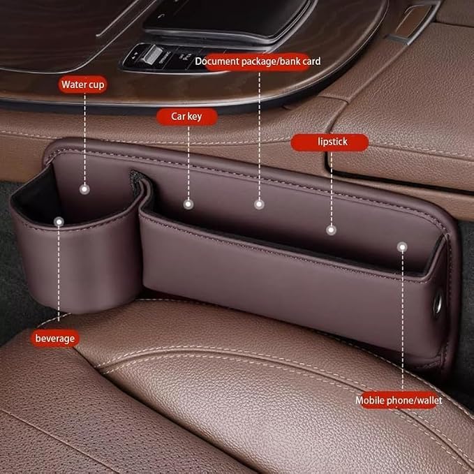 2026 Upgrade Car Storage Box with Cup Holder, Leather Cup Holder Gap Bag,Seat Storage Box Gap Filler Organizer for Glasses Phone Keys and Cards (Brown, Passenger Seat) (Beige)