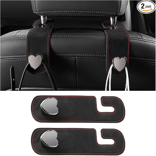 Car Seat Headrest Hook, 2PCS Suede Leather Cute Love Heart Type Vehicle Storage Hanger for Purse Bag, Auto Interior Seat Back Organizer Accessories, Universal for SUV Sedan Truck (Black)