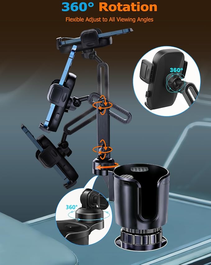 Phone Cup Holder for Car with Long Retractable Arm, 2 in 1 Universal Cup Holder Expander with Adjustable Base, 360° Rotation Phone Mount for Car & Truck - Holds All 4-7'' Smartphones