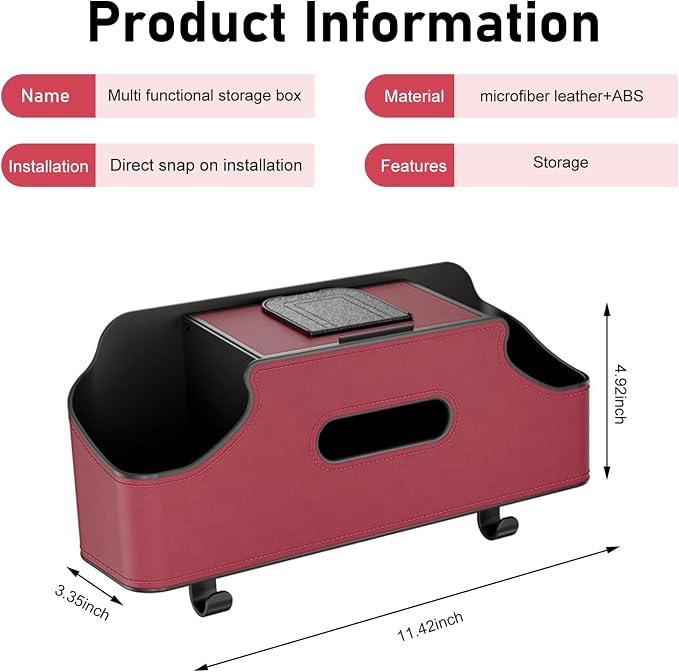 Car Back Seat Organizer, Leather Snap-on Seatback Storage Pocket, Multi-functional Storage Box for Phone Holder Tissues Cup Bracket Hanging Bag, Universal for Most Vehicles (Red)