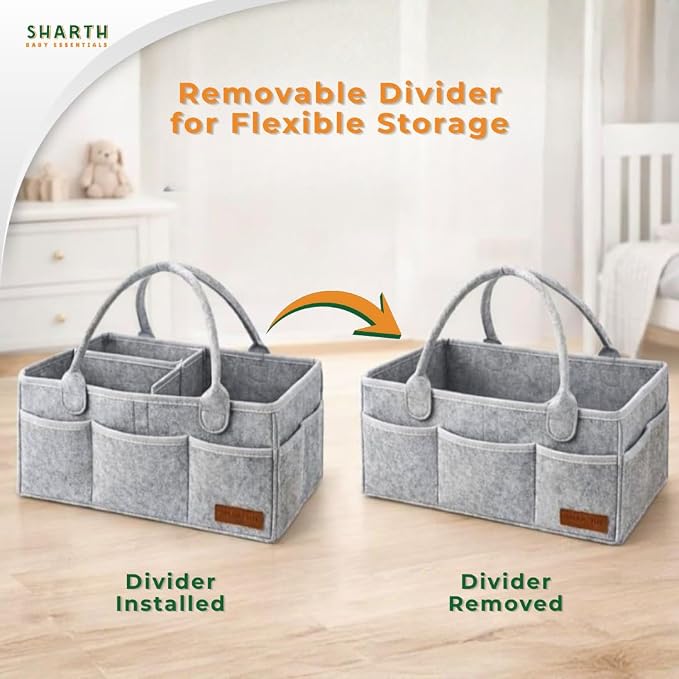 Sharth Baby Diaper Caddy Organizer with Upgraded Stitched Edges – Foldable Felt Nursery Organizer with Handle, Removable Dividers & 8 Outer Pockets, Portable Baby Shower Registry Gift (Gray)
