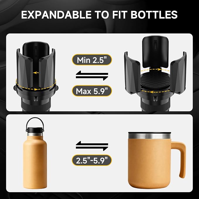 DYLEN Large Cup Holder Expander with Expandable Arms, Fits 2.5-5.9" Bottles | Cup Holder Adapter Fits Owala/YETI/Hydro Flask/Stanley 12–64 oz; Most Large Bottles; Compatible with Round Cup Holders
