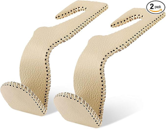 Car Purse and Coat Hanger - 2Pack Beige Leather Hooks for Hanging Purses, Bags and Coats