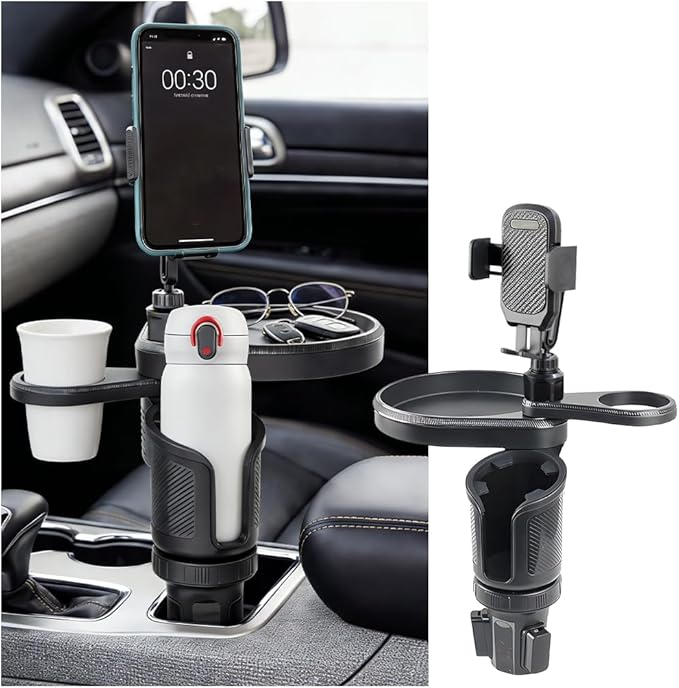 Car Cup Holder Tray, 3 in 1 Multifunctional Vehicle Food Water Bottle Phone Holder Expander Adapter with Adjustable Base, Detachable Auto Interior Food Tray Table, Universal Fit (Carbon Fiber)