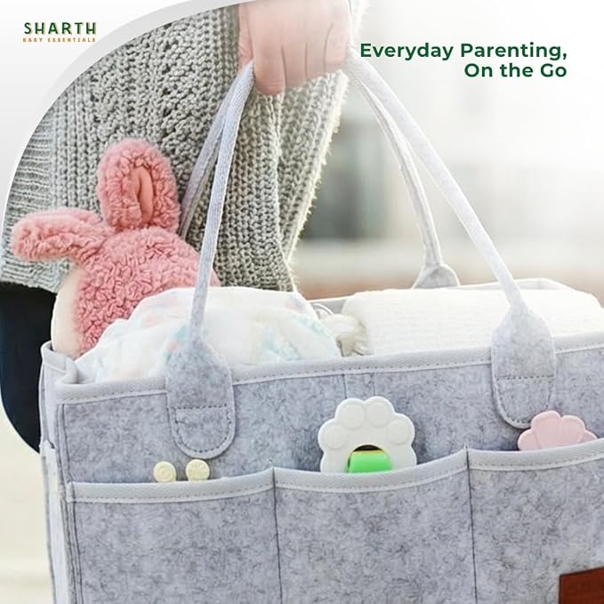 Sharth Baby Diaper Caddy Organizer with Upgraded Stitched Edges – Foldable Felt Nursery Organizer with Handle, Removable Dividers & 8 Outer Pockets, Portable Baby Shower Registry Gift (Gray)