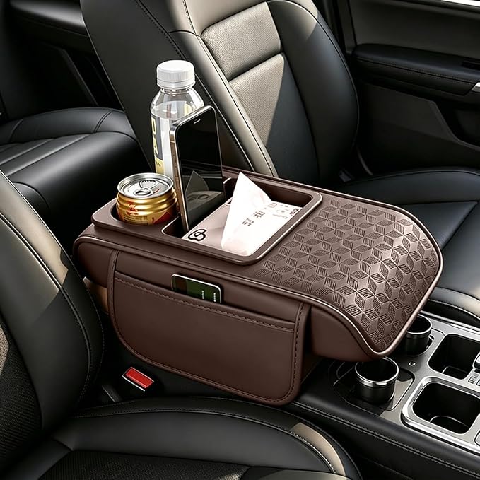 Car Center Console Cover, Auto Car Armrest Cushion 5-in-1 with Cup Holder, Tissue Box Slot, Phone Slot for Vehicle, Car Accessories Interior Storage Organizers (Coffee)