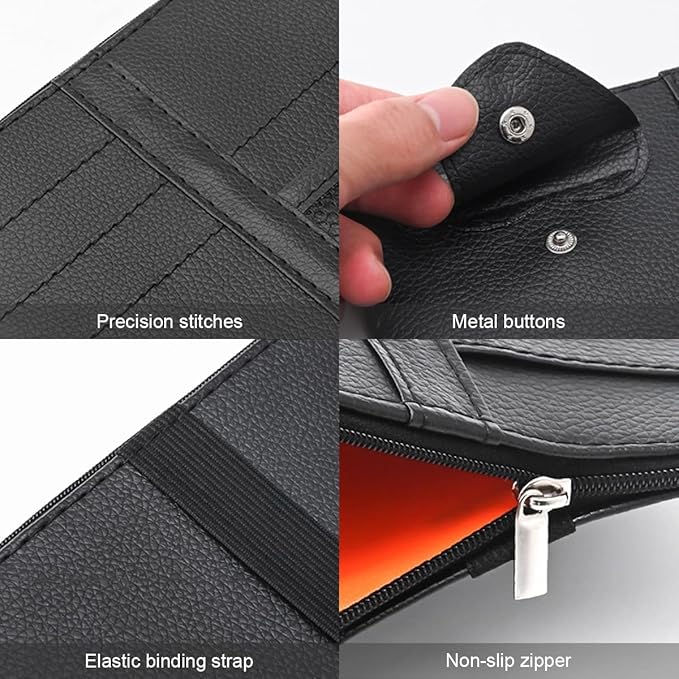 XINLIYA Car Sun Visor Organizer, Leather Storage Pocket Sun Visor Pouch with Zipper for Cards License Registration Pen Glasses Document, Fits Most Car SUV, Auto Interior Accessories (Blue)