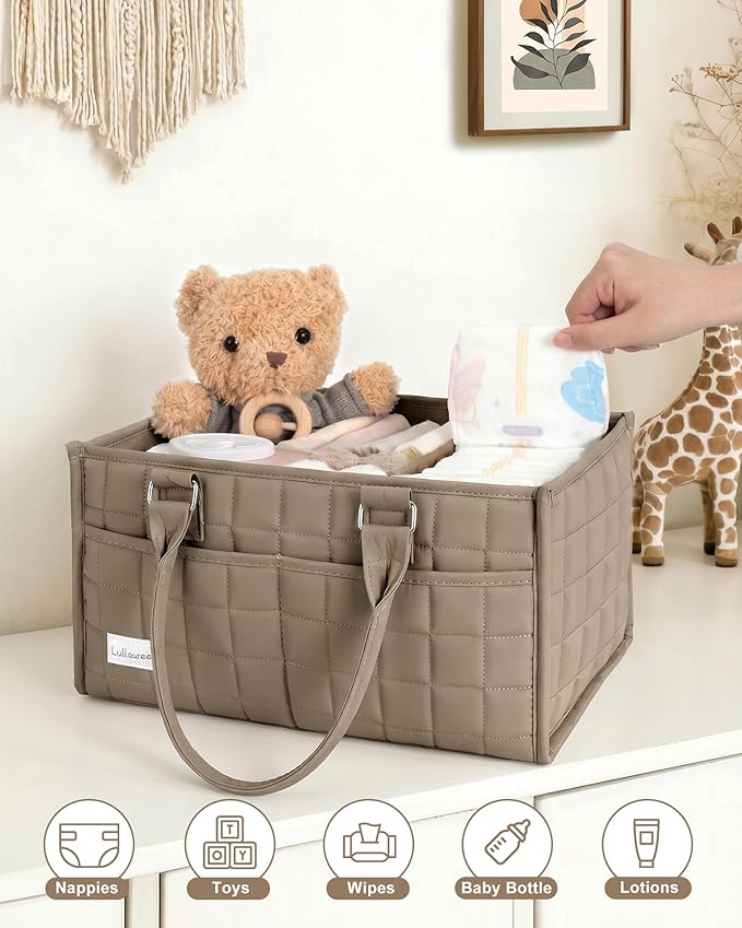 Baby Diaper Caddy Organizer, Portable Nursery Storage Basket with Handle for Newborn Boy or Girl, Gift for Baby Shower Essentials, Registry Must Have Bag, Caddie Car Organizer, Brown