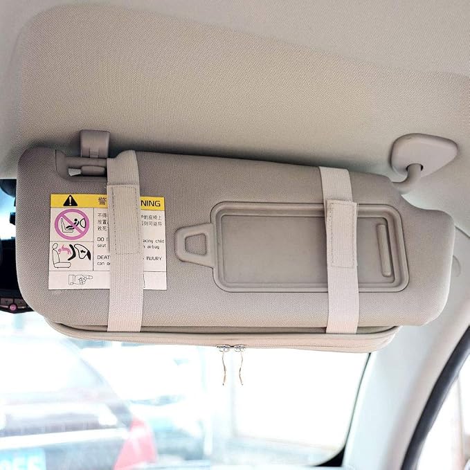 Da by Car Sun Visor Organizer, Multi-Pocket Visor Organizer Storage Pouch for Cars, SUVs & Trucks with Double Zippers, Elastic Bands & Glasses Clip - Organizes Essentials Keep Tidy (Cream Grey)