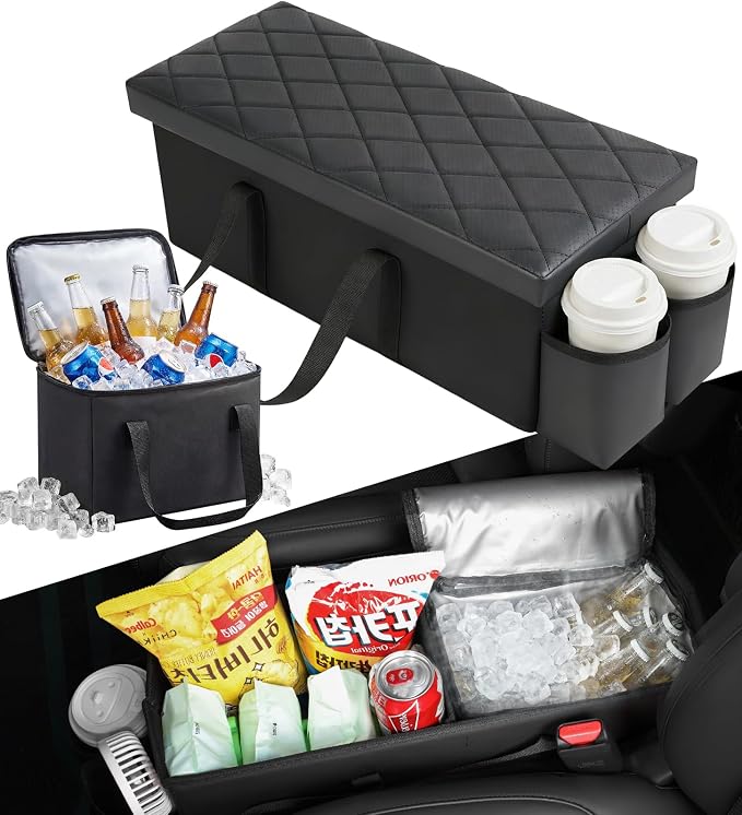 Car Seat Organizer Compatible with 2019-2026 Kia Telluride/Subaru Ascent 7 Seater, Car Seat Aisle Storage Box with 9.5L Leakproof Cooler Bag, Foldable Backseat Console Bin for Family Travel