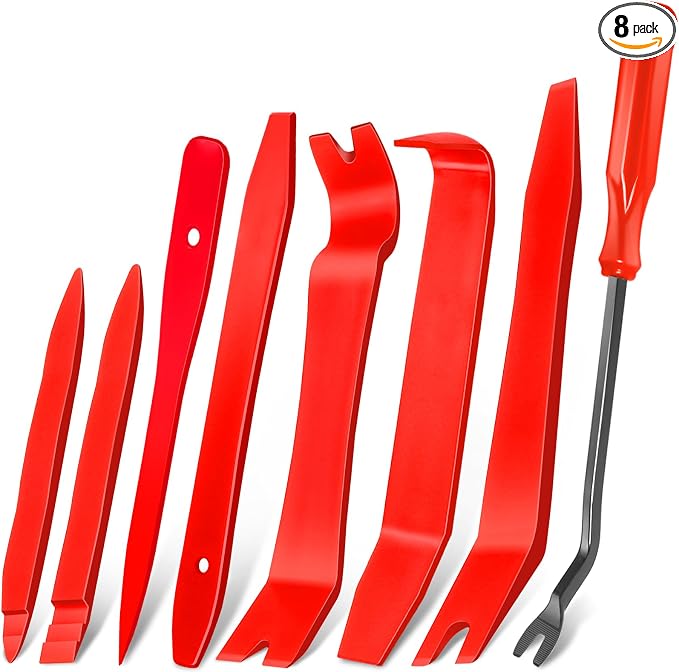 Keze 8 Pcs Auto Trim Removal Tool Kit with Non-Scratch Plastic Pry Tool & Fastener Clip Removal Tool Set for Car Panel Dashboard Door Clips and Upholstery Trim-Red