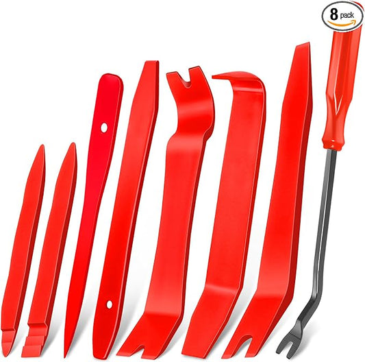 Keze 8 Pcs Auto Trim Removal Tool Kit with Non-Scratch Plastic Pry Tool & Fastener Clip Removal Tool Set for Car Panel Dashboard Door Clips and Upholstery Trim-Red