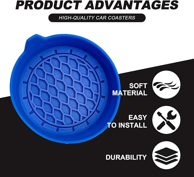 4-Pack Universal Cup Holder Coasters, Black Silicone Inserts - Keep Your Car Clean with Non-Slip & Spill-Proof Coasters for All Vehicles (Blue)